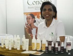 Iris Conochie, who built up a good cosmetics business through support from Sasol Chemcity and eGoli Bio, displayed her products at the summit